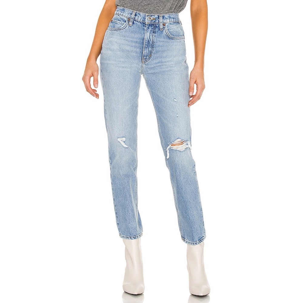 RE/DONE 70’s Straight in Destroyed Sunfaded Indigo Size 27 High Waisted Distress